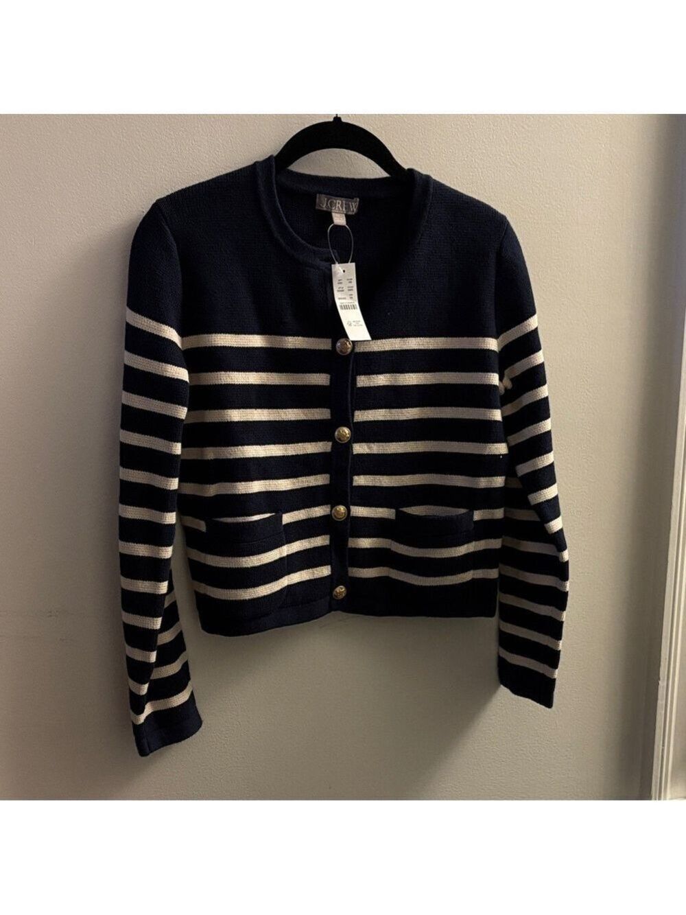 J. Crew Navy and Cream Striped Cardigan with Gold Buttons